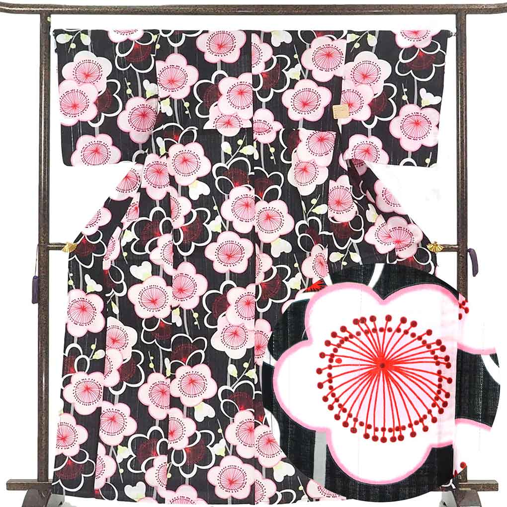 浴衣 リサイクル着物 身丈165cm 裄67cm 前幅24.5cm 後幅30.5cm 袖丈49cm 袖幅33cm レディース 梅柄 裄長 裄Lサイズ 夏用 木綿 ブラック トールサイズ 未使用品 リメイク リユース【ランクS】