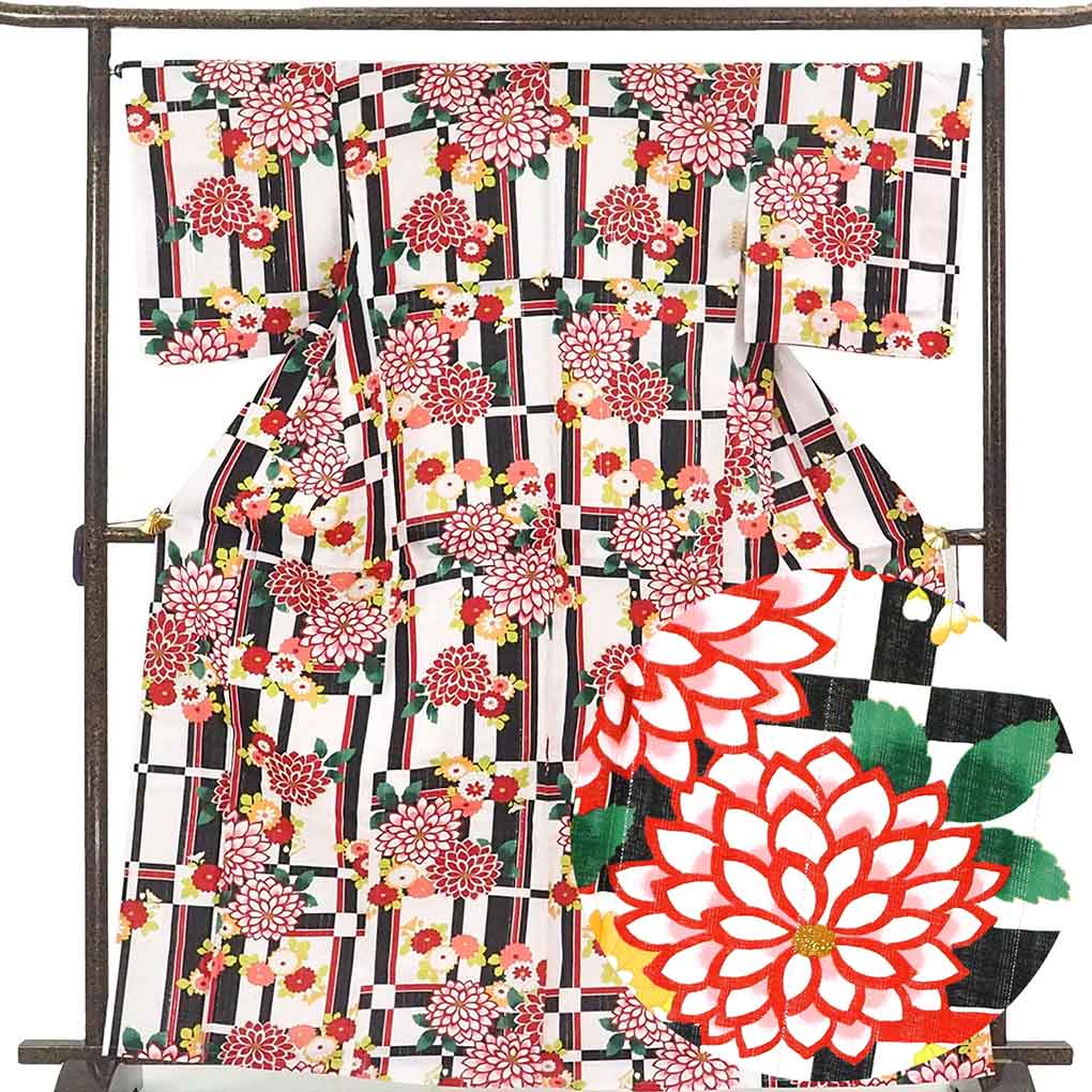 浴衣 リサイクル着物 身丈165cm 裄68cm 前幅25cm 後幅31cm 袖丈49cm 袖幅33.5cm レディース 菊 裄長 裄Lサイズ 夏用 木綿 ホワイト トールサイズ 未使用品 リメイク リユース【ランクS】