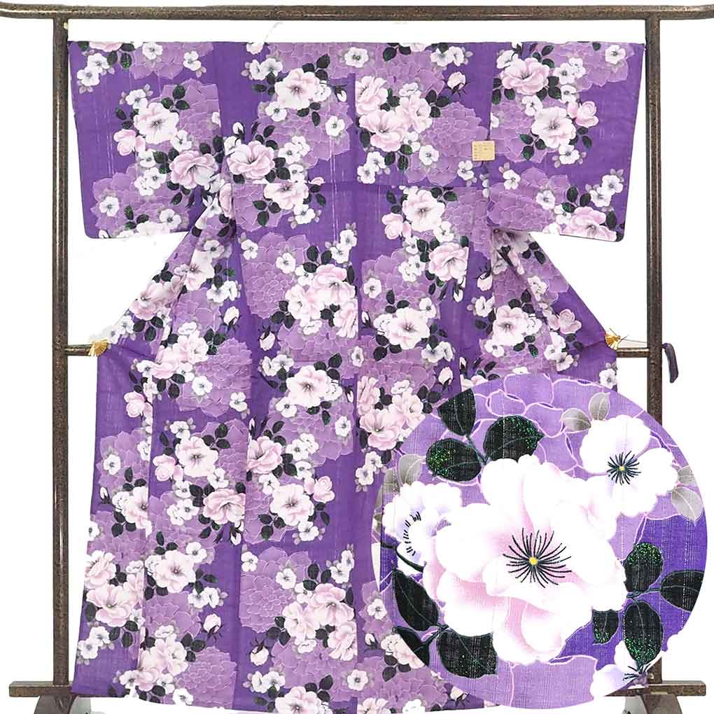 浴衣 リサイクル着物 身丈165cm 裄68cm 前幅25cm 後幅30cm 袖丈49cm 袖幅34cm レディース 花柄 裄長 裄Lサイズ 夏用 木綿 パープル トールサイズ 未使用品 リメイク リユース【ランクS】