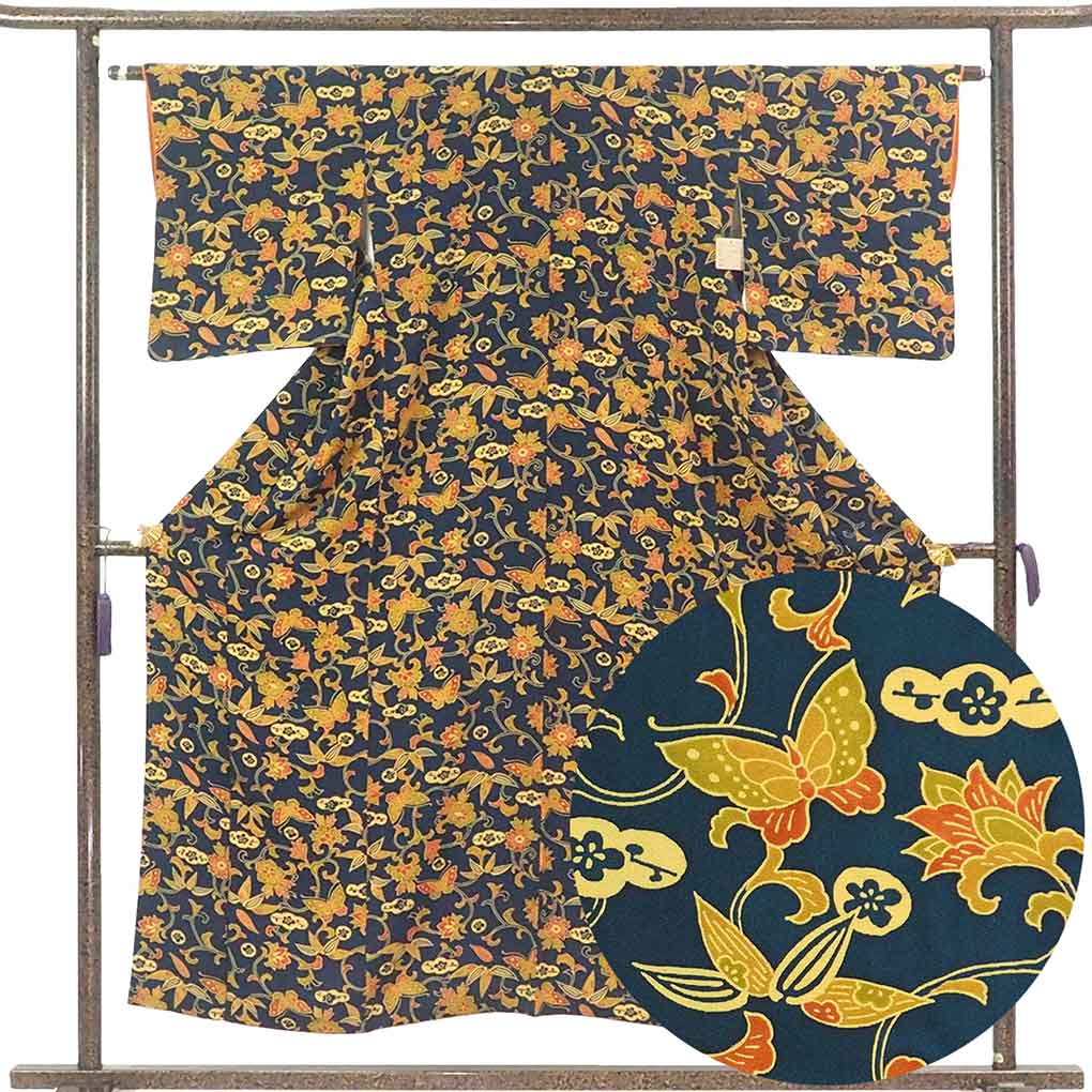 小紋 リサイクル着物 身丈153cm 裄63cm 前幅22cm 後幅28cm 袖丈46cm 袖幅32.5cm レディース 袷 花柄 裄Mサイズ 秋冬春用 正絹（シルク）ネイビー 美品 リメイク リユース【ランクA】