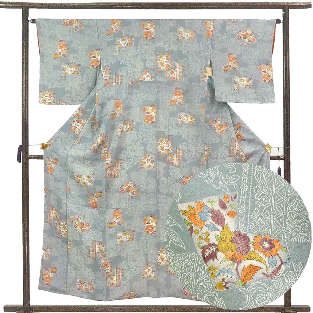 小紋 リサイクル着物 身丈155cm 裄65cm 前幅23cm 後幅28.5cm 袖丈47cm 袖幅32.5cm レディース 袷 花柄 裄Mサイズ 秋冬春用 正絹（シルク）グレー 美品 リメイク リユース【ランクA】