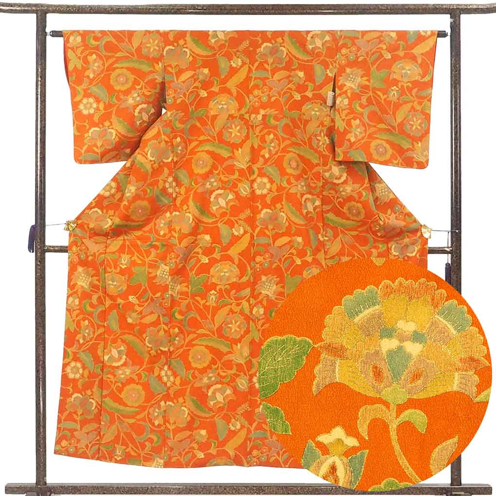 小紋 リサイクル着物 身丈154cm 裄64cm 前幅23cm 後幅29cm 袖丈49cm 袖幅32.5cm レディース 袷 植物 裄Mサイズ 秋冬春用 正絹（シルク）オレンジ 美品 リメイク リユース【ランクA】