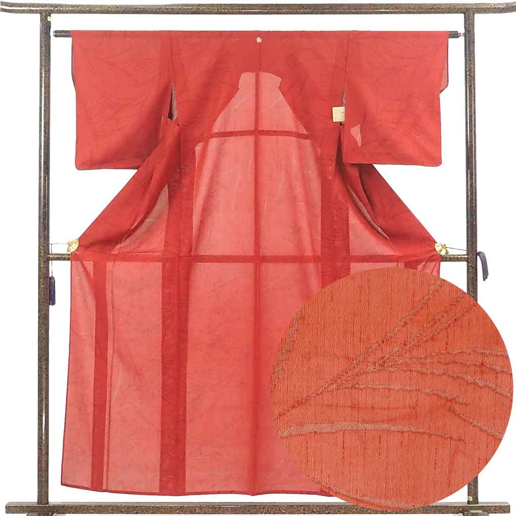 色無地 リサイクル着物 身丈158cm 裄62cm 前幅24.5cm 後幅28.5cm 袖丈49cm 袖幅32cm レディース 植物 裄Sサイズ 夏用 正絹（シルク）オレンジ やや難 リメイク リユース【ランクB】