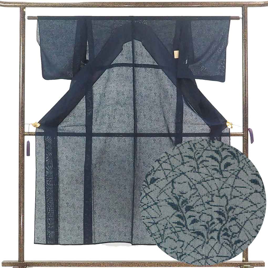 色無地 リサイクル着物 身丈151cm 裄61cm 前幅22cm 後幅30cm 袖丈45cm 袖幅30cm レディース 植物 裄Sサイズ 夏用 正絹（シルク）ネイビー やや難 リメイク リユース【ランクB】