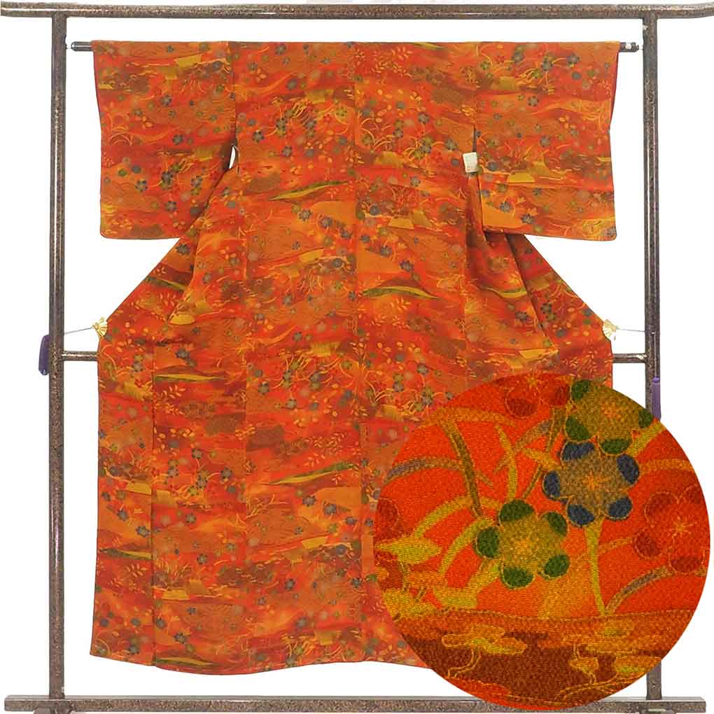 小紋 リサイクル着物 身丈153cm 裄62cm 前幅23.5cm 後幅28.5cm 袖丈48cm 袖幅32cm レディース 袷 四季の花柄 裄Sサイズ 秋冬春用 正絹（シルク）ブラウン 未使用品 リメイク リユース【ランクS】