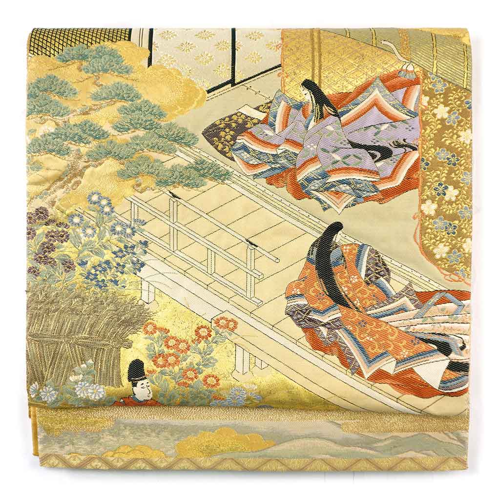 袋帯 リサイクル帯 幅30.5cm 長さ430cm レディース 宮中柄 秋冬春用 正絹（シルク）ゴールド 美品 リメイク リユース【ランクA】