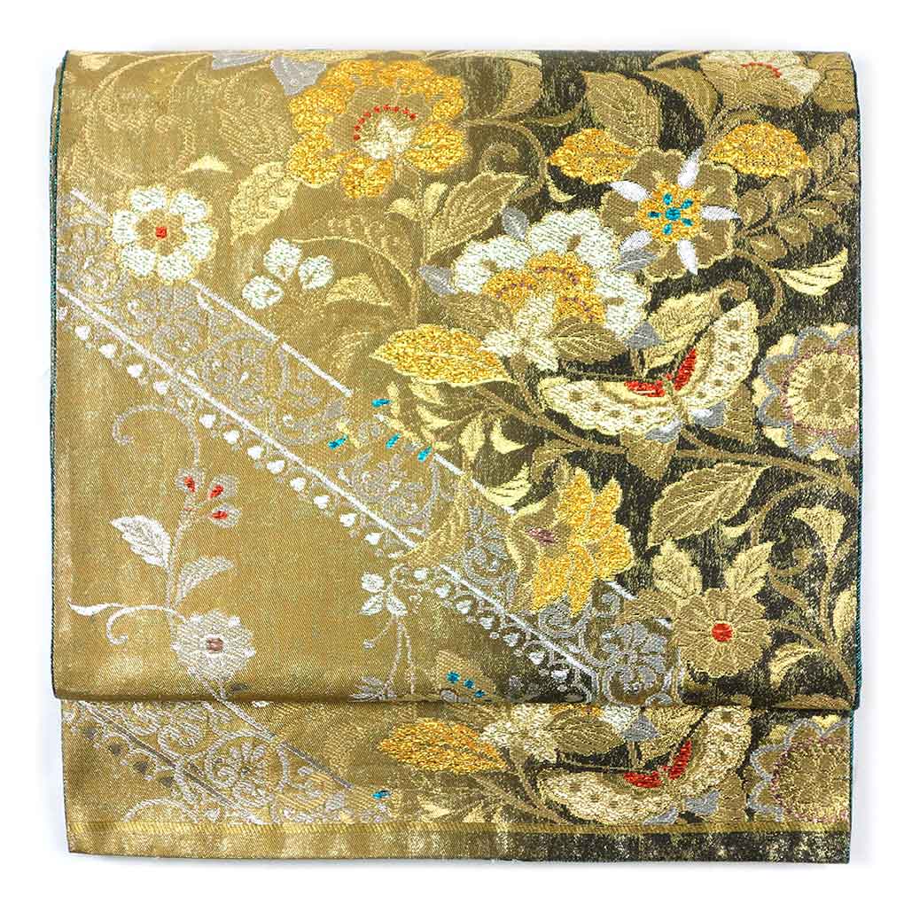 袋帯 リサイクル帯 幅31cm 長さ436cm レディース 花柄 秋冬春用 正絹（シルク）ゴールド 美品 リメイク リユース【ランクA】