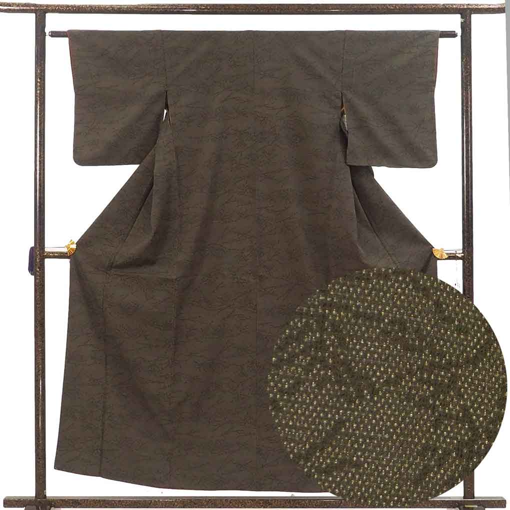 紬 リサイクル着物 身丈155cm 裄61cm 前幅24cm 後幅28cm 袖丈47cm 袖幅30.5cm レディース 袷 絣模様 裄Sサイズ 秋冬春用 正絹（シルク）ブラウン 美品 リメイク リユース【ランクA】