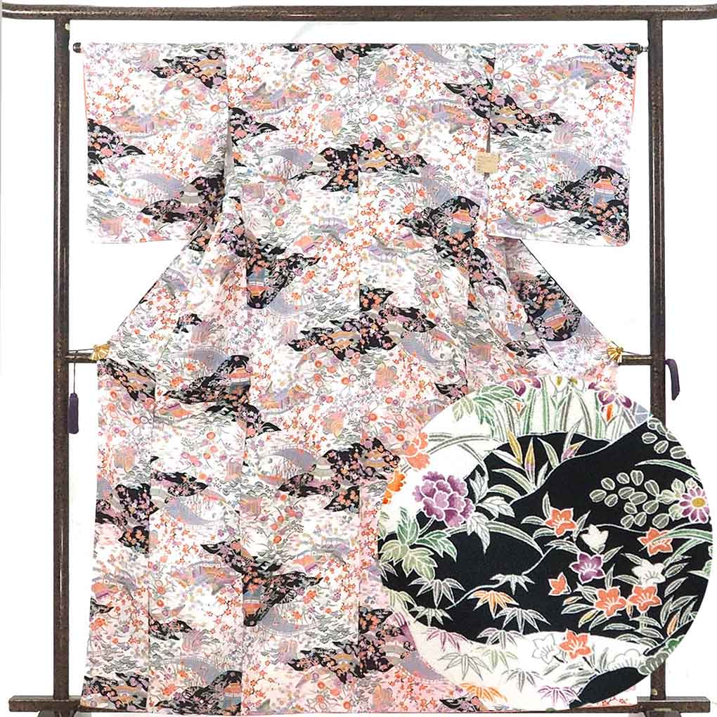 小紋 リサイクル着物 身丈163cm 裄66cm 前幅22.5cm 後幅30cm 袖丈49cm 袖幅33cm レディース 袷 萩柄 裄長 裄M-Lサイズ 秋冬春用 ポリエステル ホワイト 未使用品 リメイク リユース【ランクS】