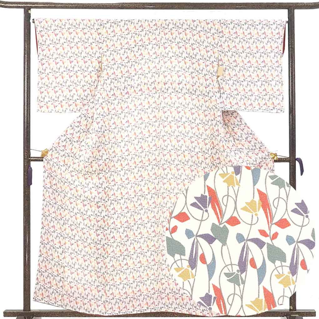 小紋 リサイクル着物 身丈160cm 裄66cm 前幅24cm 後幅29cm 袖丈51cm 袖幅34cm レディース 袷 連続模様 裄長 裄M-Lサイズ 秋冬春用 正絹（シルク）ホワイト 未使用品 リメイク リユース【ランクS】