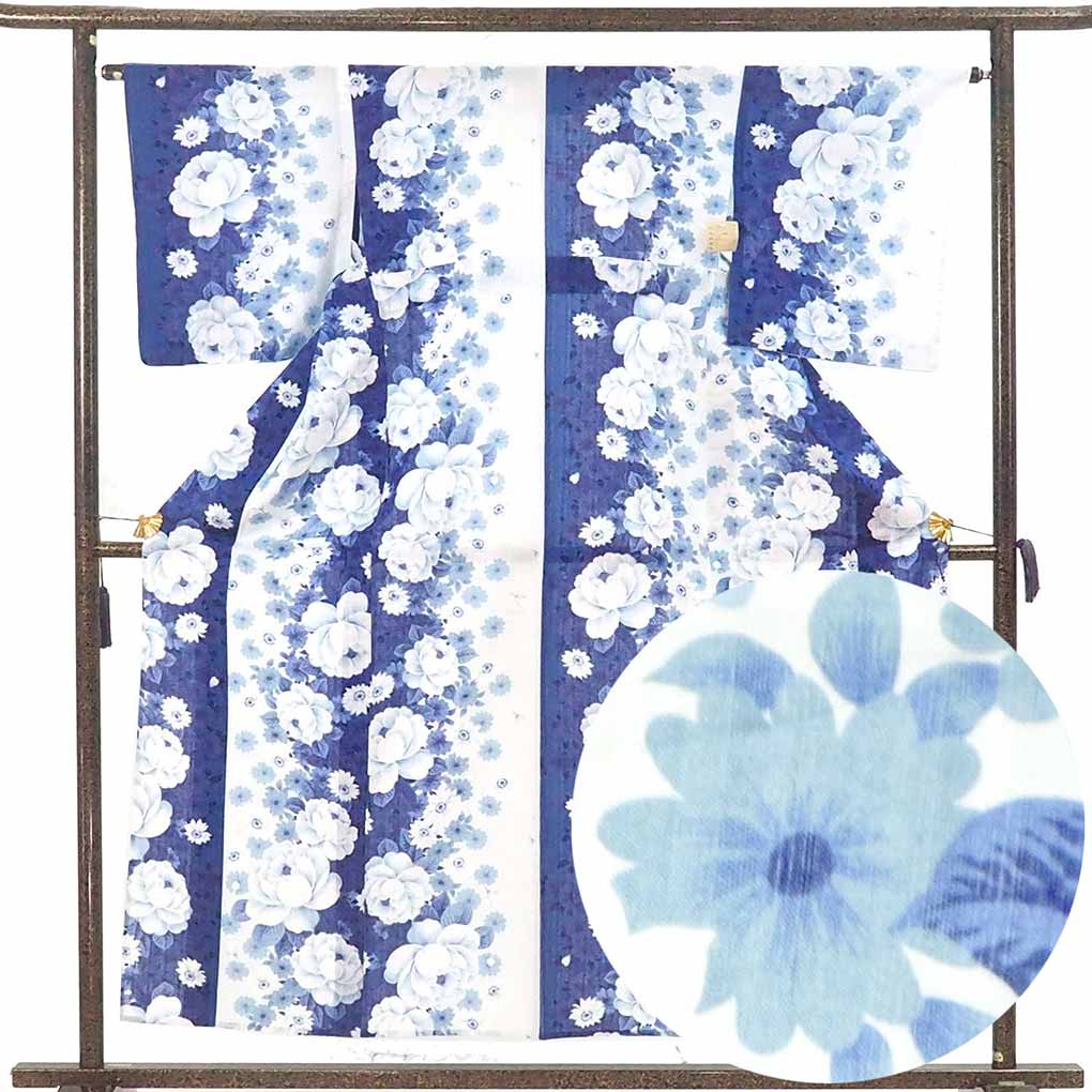 浴衣 リサイクル着物 身丈156cm 裄65cm 前幅23cm 後幅29cm 袖丈48cm 袖幅34cm レディース 花柄 裄Mサイズ 夏用 木綿 ホワイト やや難 リメイク リユース【ランクB】