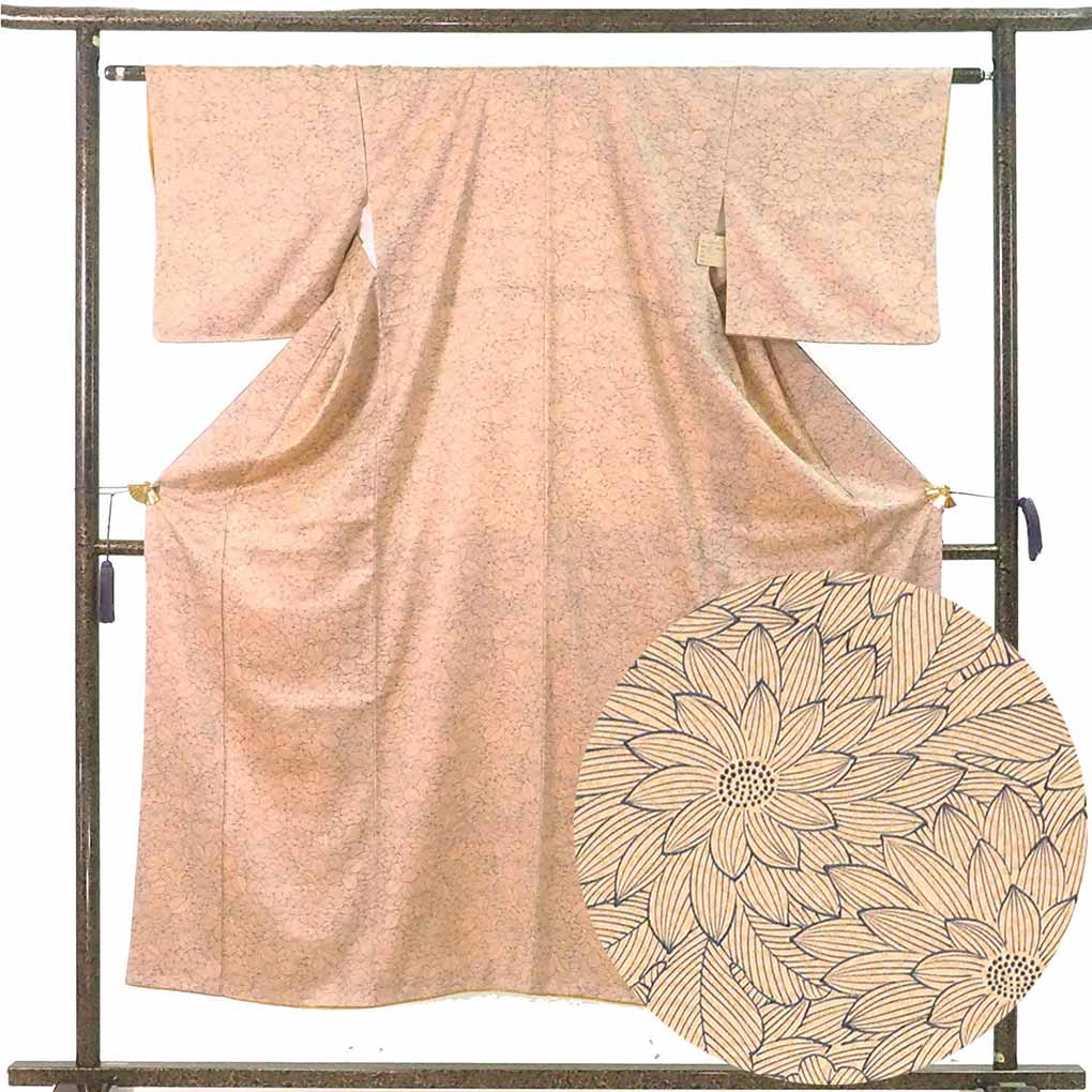 小紋 リサイクル着物 身丈150cm 裄63cm 前幅24cm 後幅28cm 袖丈45cm 袖幅32.5cm レディース 袷 花柄 裄Mサイズ 秋冬春用 正絹（シルク）ブラウン 美品 リメイク リユース【ランクA】