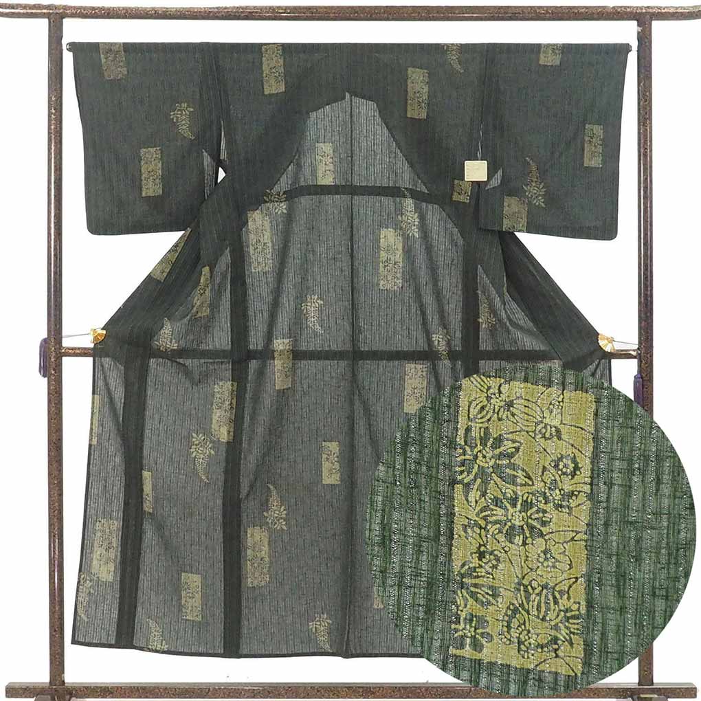 小紋 リサイクル着物 身丈153cm 裄67cm 前幅26cm 後幅31cm 袖丈49cm 袖幅34cm レディース 花柄 裄長 裄Lサイズ 夏用 ポリエステル グリーン やや難 リメイク リユース【ランクB】