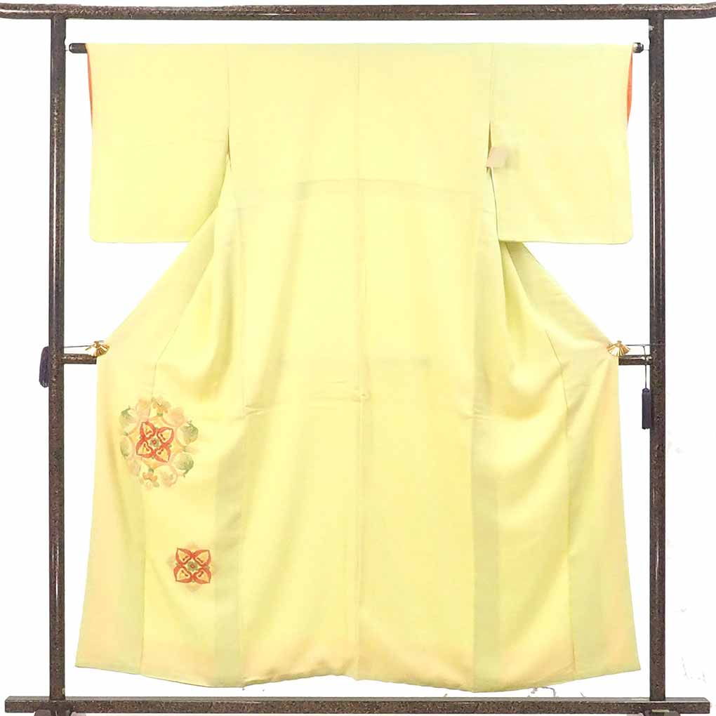 付下 リサイクル着物 身丈155cm 裄63cm 前幅25cm 後幅30cm 袖丈49cm 袖幅32cm レディース 袷 相良刺繍 裄Mサイズ 秋冬春用 正絹（シルク）グリーン やや難 リメイク リユース【ランクB】