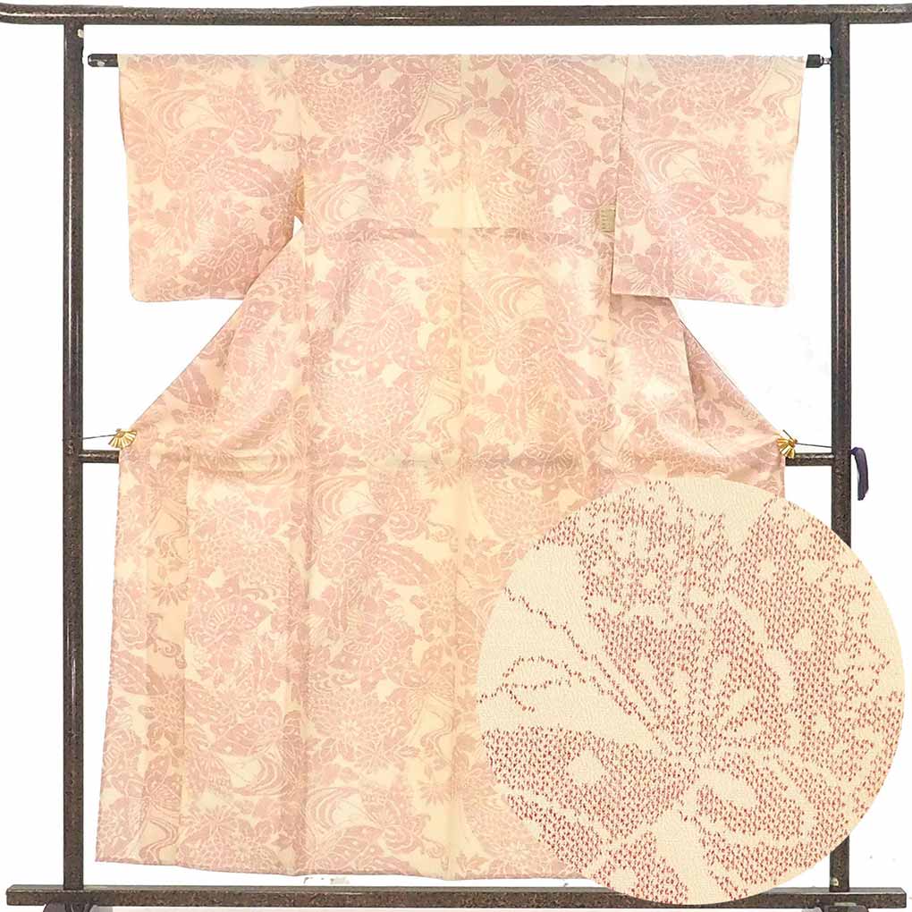 紬 リサイクル着物 身丈158cm 裄63cm 前幅23cm 後幅31cm 袖丈49cm 袖幅32cm レディース 単衣 絣模様 裄Mサイズ 初夏・初秋用 正絹（シルク）ブラウン 美品 リメイク リユース【ランクA】