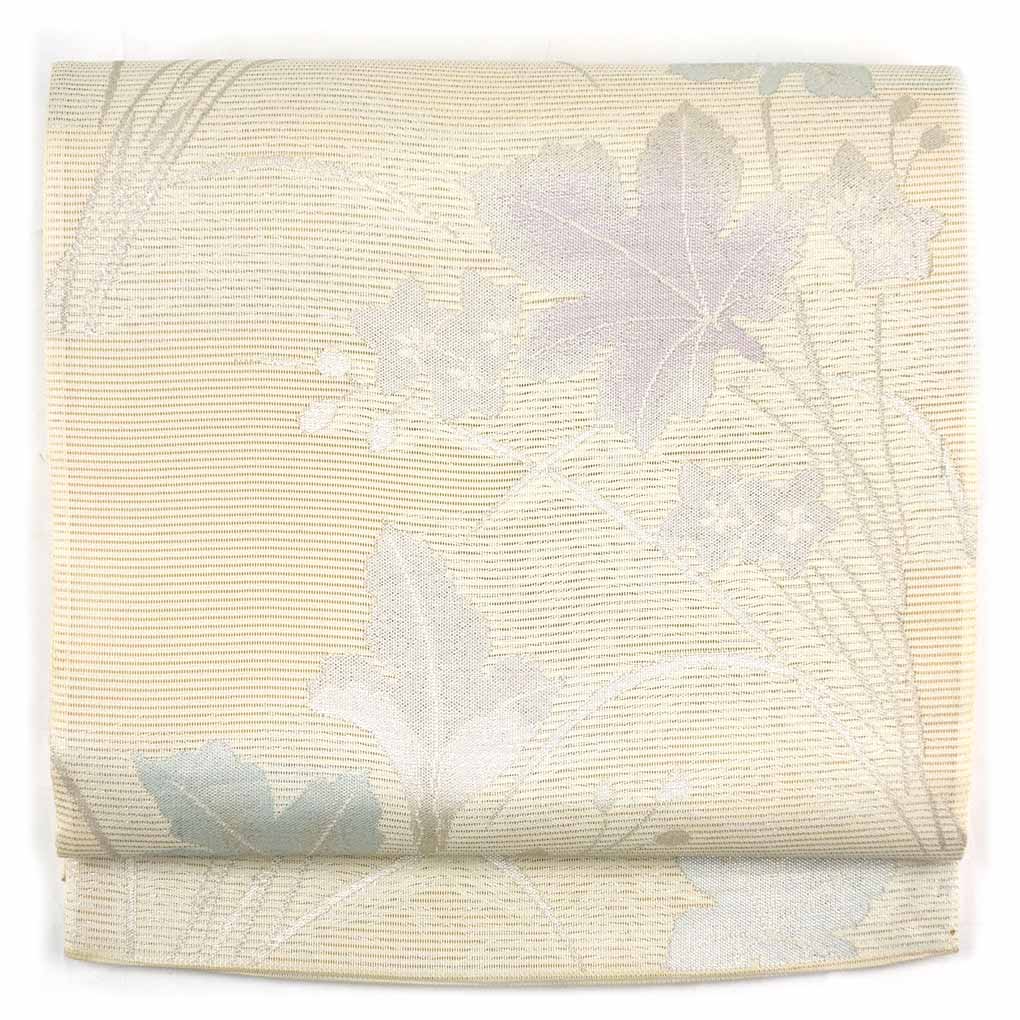 C9 美品 竹垣に季節の花々 金 パステル 六通 正絹 薄物 夏用 絽 紗 袋帯 夏物
