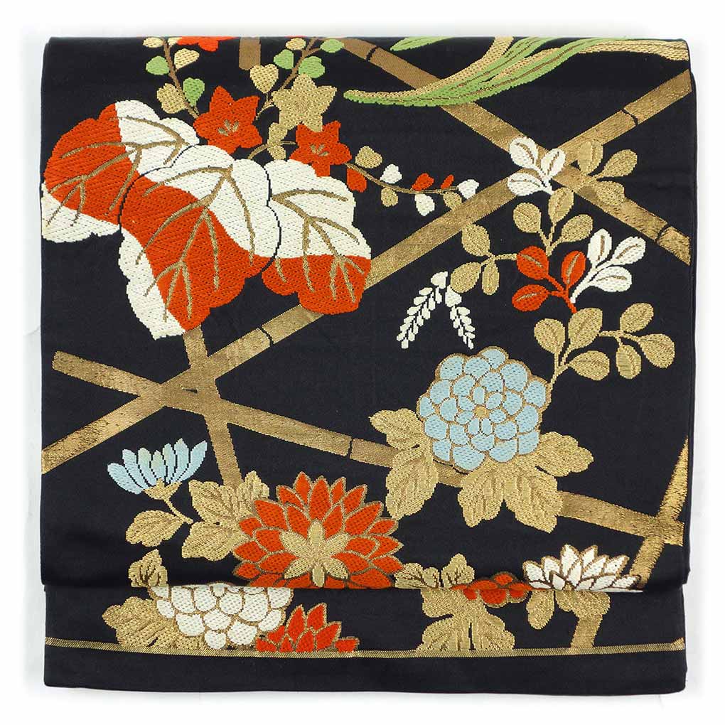 袋帯 リサイクル帯 幅30cm 長さ423cm レディース 花柄 秋冬春用 正絹（シルク）ブラック 美品 リメイク リユース【ランクA】