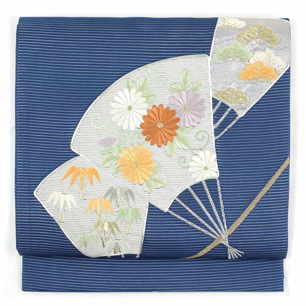 名古屋帯 リサイクル帯 幅30cm 長さ364cm レディース 扇面 夏用 正絹（シルク）ネイビー 美品 リメイク リユース【ランクA】