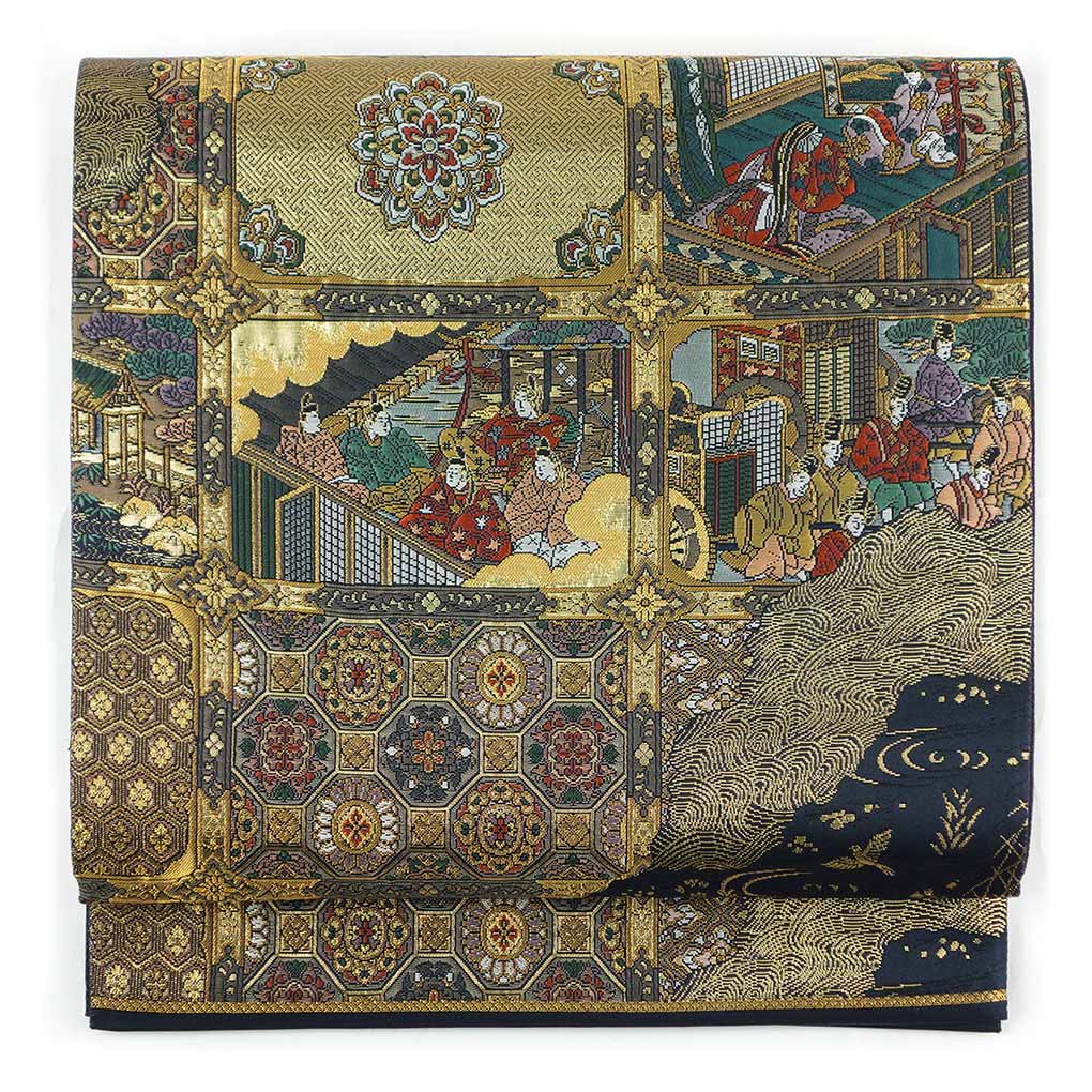 袋帯 リサイクル帯 幅30.5cm 長さ434cm レディース 宮中柄 秋冬春用 正絹（シルク）ブラック 美品 リメイク リユース【ランクA】