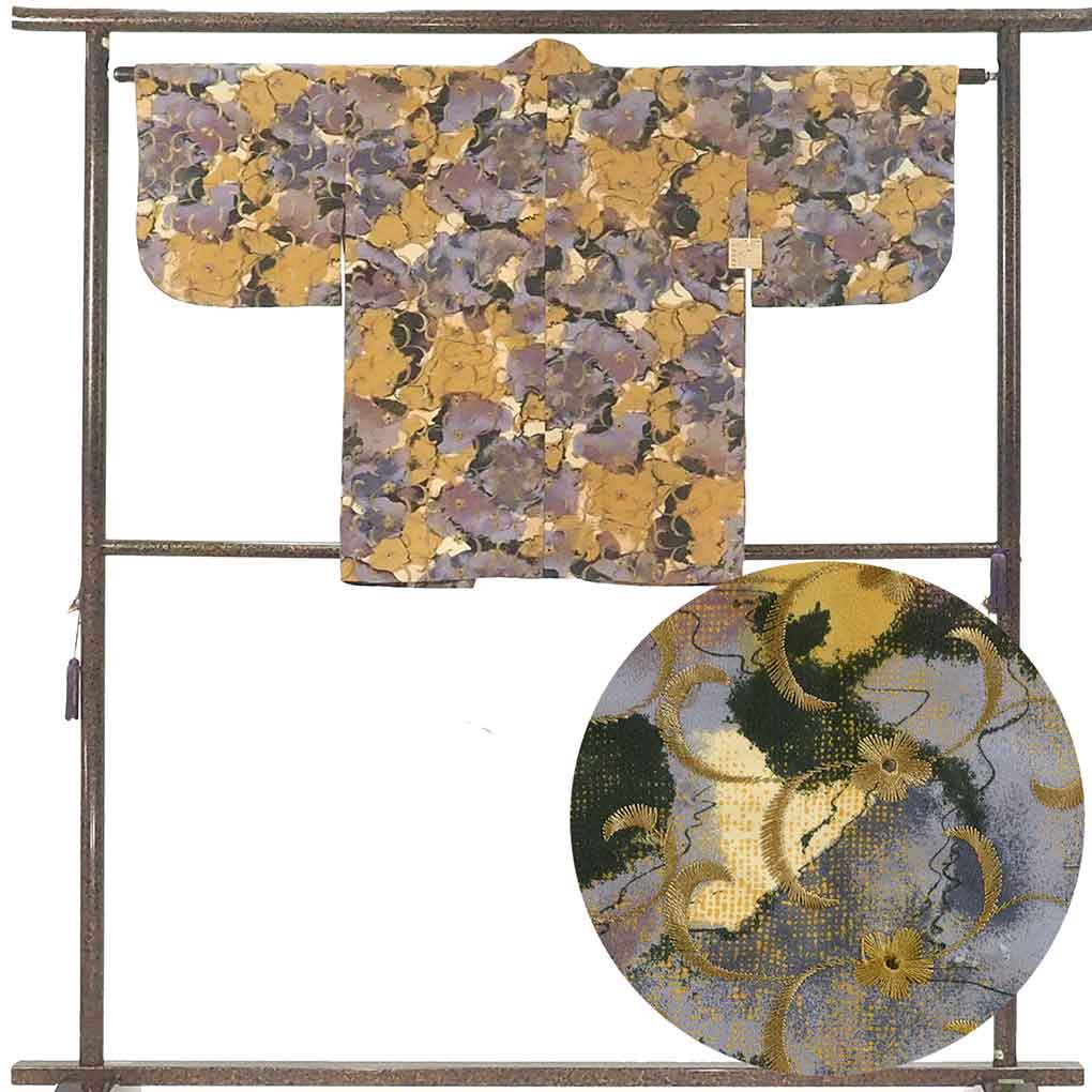 コート リサイクル着物 コート丈80cm 裄63cm 袖丈38cm 袖幅32cm レディース 袷 連続模様 裄Mサイズ 秋冬春用 ポリエステル パープル 美品 リメイク リユース【ランクA】