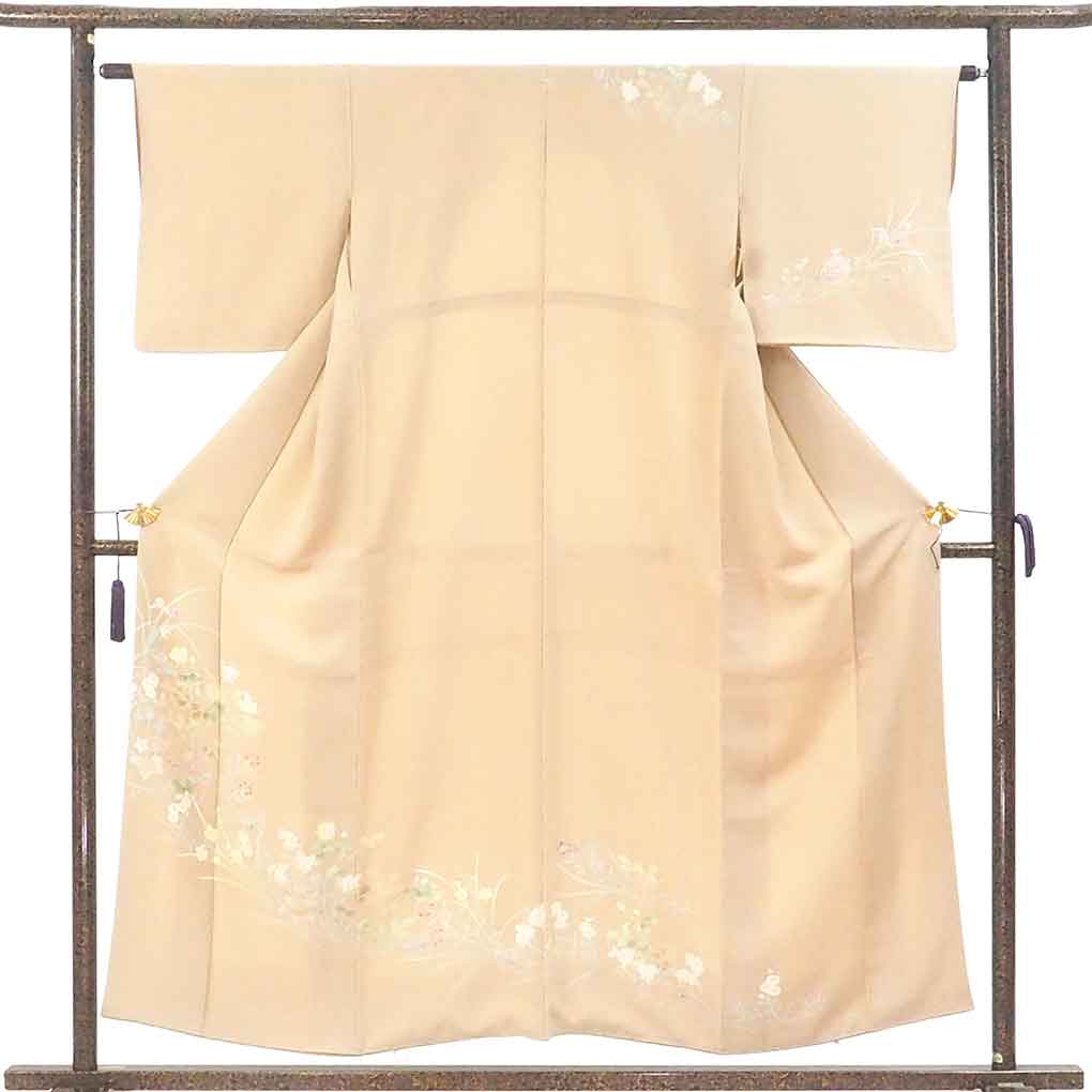 訪問着 リサイクル着物 身丈155cm 裄63cm 前幅24cm 後幅30cm 袖丈45cm 袖幅32cm レディース 袷 花柄 裄Mサイズ 秋冬春用 正絹（シルク）ブラウン やや難 リメイク リユース【ランクB】