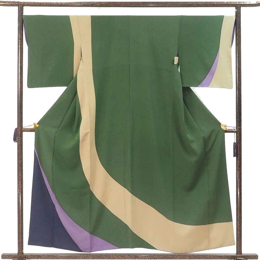 訪問着 リサイクル着物 身丈155cm 裄68cm 前幅25.5cm 後幅30cm 袖丈48cm 袖幅34cm レディース 袷 抽象柄 裄長 裄Lサイズ 秋冬春用 正絹（シルク）グリーン やや難 リメイク リユース【ランクB】
