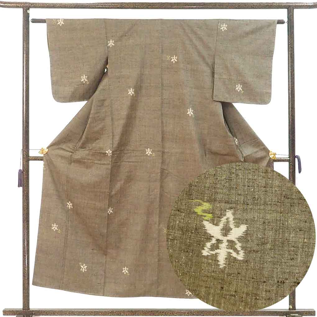 紬 リサイクル着物 身丈152cm 裄61cm 前幅23cm 後幅29cm 袖丈47.5cm 袖幅30.5cm レディース 袷 飛び柄 裄Sサイズ 秋冬春用 正絹（シルク）ブラウン 難有り リメイク リユース【ランクC】