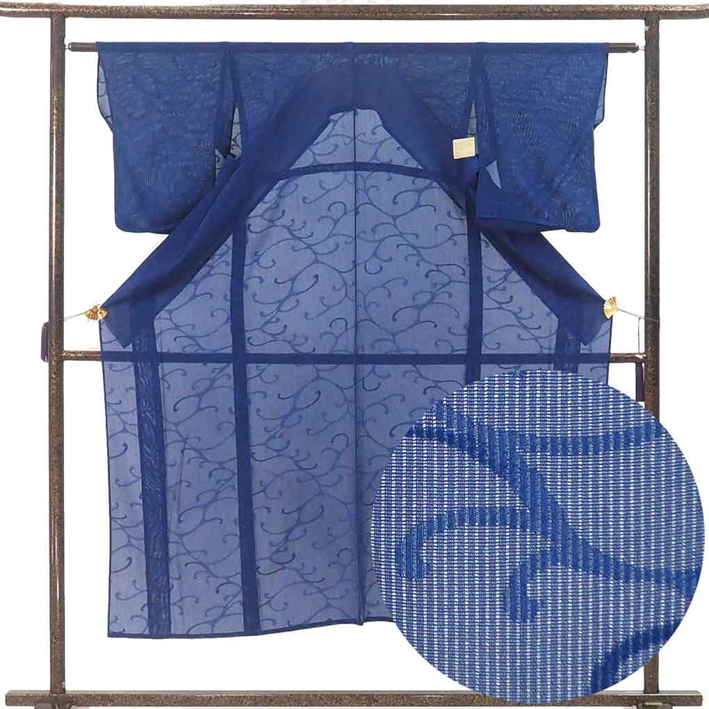 小紋 リサイクル着物 身丈149cm 裄61cm 前幅22cm 後幅28cm 袖丈49cm 袖幅31cm レディース 唐草 裄Sサイズ 夏用 正絹（シルク）ネイビー 美品 リメイク リユース【ランクA】