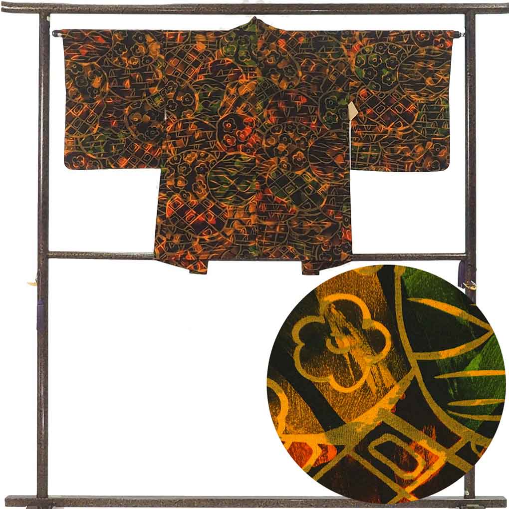 羽織 リサイクル着物 羽織丈77cm 裄64cm 袖丈47cm 袖幅33cm レディース 袷 抽象柄 裄Mサイズ 秋冬春用 正絹（シルク）ブラック 美品 リメイク リユース【ランクA】