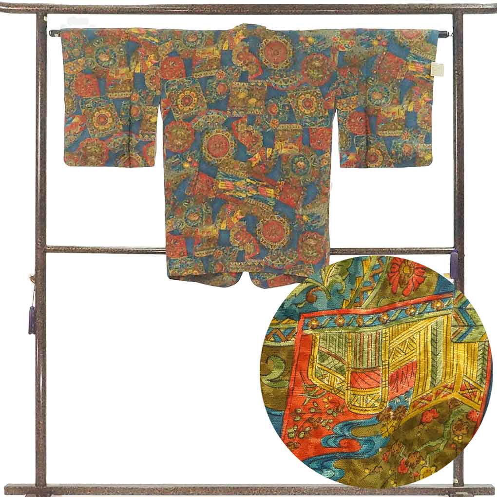 コート リサイクル着物 コート丈84cm 裄64cm 袖丈48cm 袖幅33cm レディース 袷 更紗 裄Mサイズ 秋冬春用 正絹（シルク）ブルー 美品 リメイク リユース【ランクA】