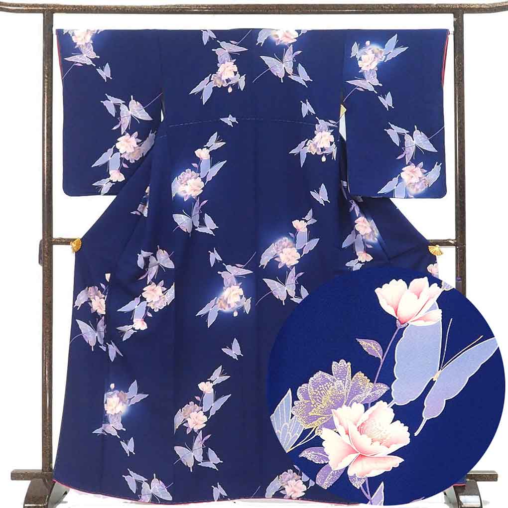 小紋 リサイクル着物 身丈168cm 裄66cm 前幅26cm 後幅30cm 袖丈60cm 袖幅34cm レディース 袷 花柄 裄長 裄M-Lサイズ 秋冬春用 正絹（シルク）ネイビー トールサイズ 未使用品 リメイク リユース【ランクS】