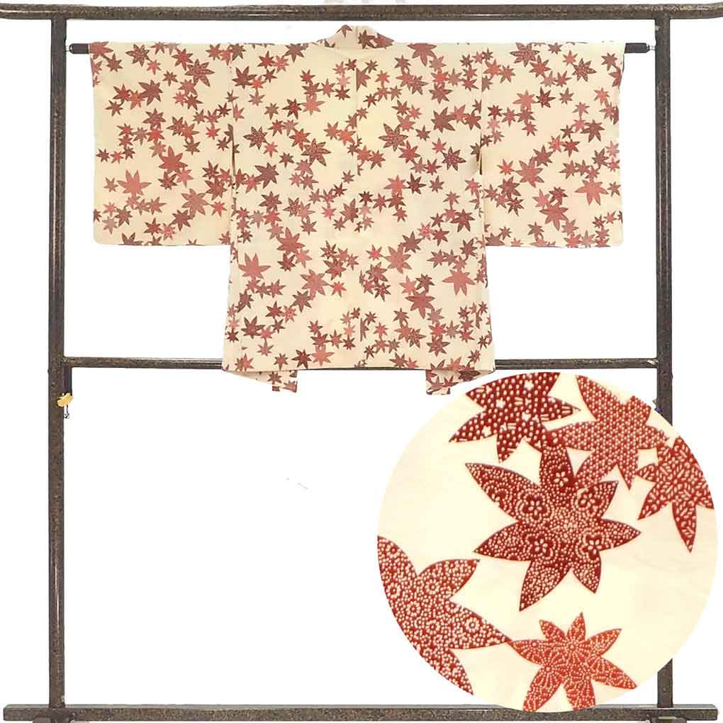 羽織 リサイクル着物 羽織丈77cm 裄62cm 袖丈48cm 袖幅33cm レディース 袷 紅葉 裄Sサイズ 秋冬春用 正絹（シルク）ホワイト やや難 リメイク リユース【ランクB】