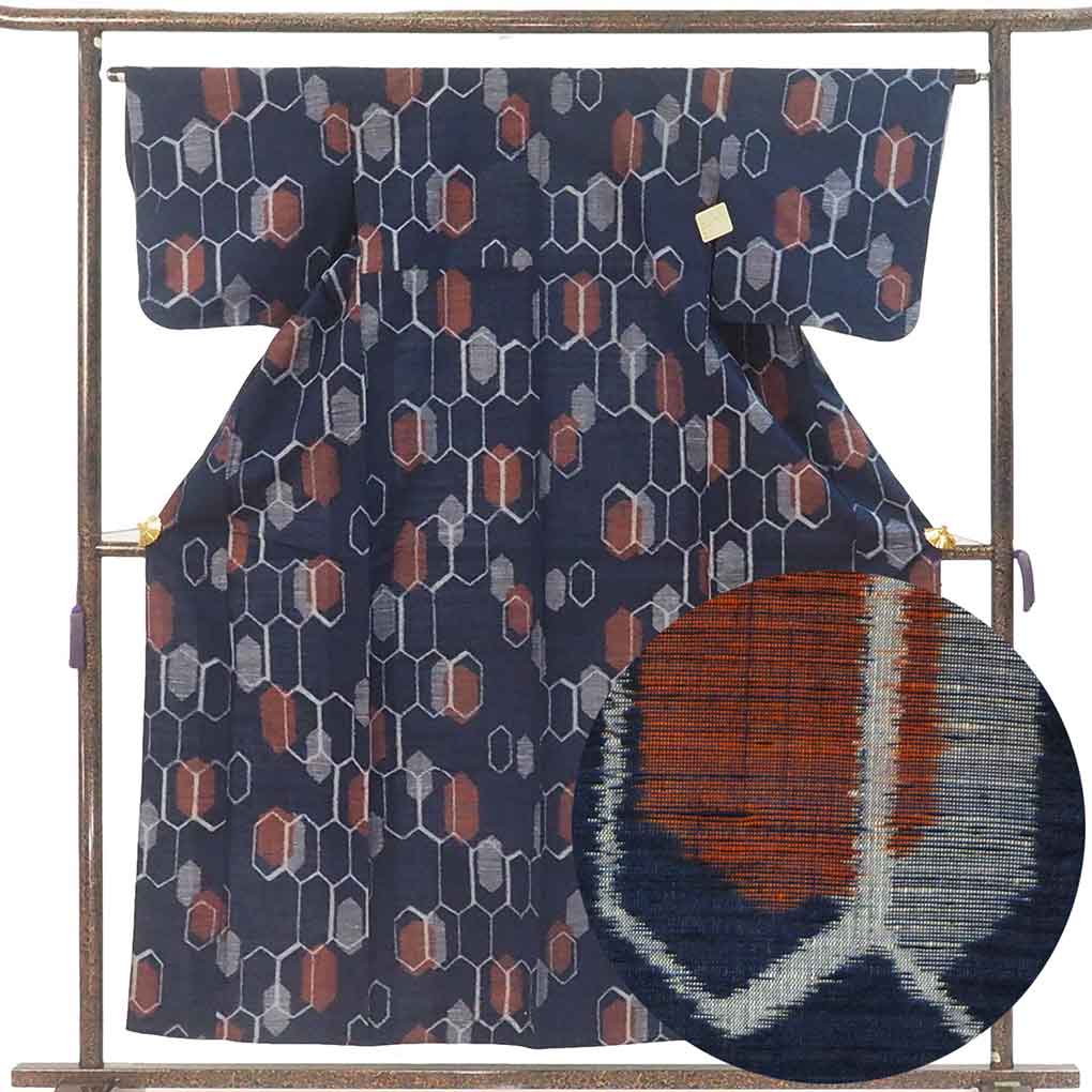 紬 リサイクル着物 身丈157cm 裄64cm 前幅24cm 後幅29cm 袖丈45cm 袖幅33cm レディース 単衣 亀甲 裄Mサイズ 初夏・初秋用 正絹（シルク）ネイビー 美品 リメイク リユース【ランクA】