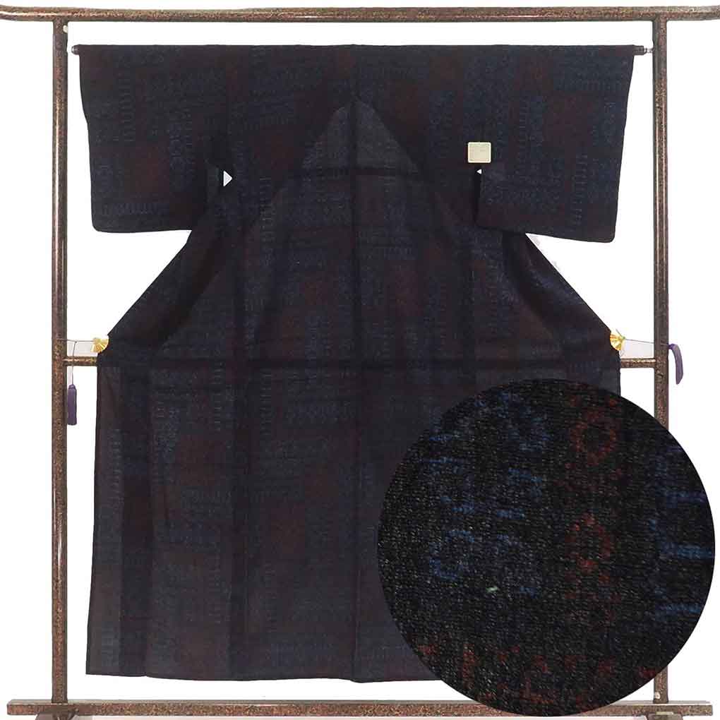 紬 リサイクル着物 身丈156cm 裄65cm 前幅25cm 後幅30cm 袖丈49cm 袖幅32.5cm レディース 単衣 抽象柄 裄Mサイズ 初夏・初秋用 正絹（シルク）ネイビー やや難 リメイク リユース【ランクB】