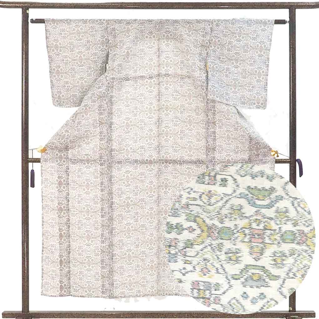 麻着物 リサイクル着物 身丈153cm 裄61cm 前幅23cm 後幅29cm 袖丈49cm 袖幅32cm レディース 抽象柄 裄Sサイズ 夏用 麻 グレー 美品 リメイク リユース【ランクA】