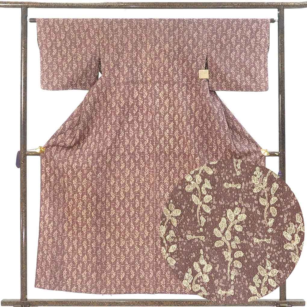 小紋 リサイクル着物 身丈156cm 裄64cm 前幅23cm 後幅29.5cm 袖丈43cm 袖幅33cm レディース 単衣 植物 裄Mサイズ 初夏・初秋用 正絹（シルク）パープル やや難 リメイク リユース【ランクB】