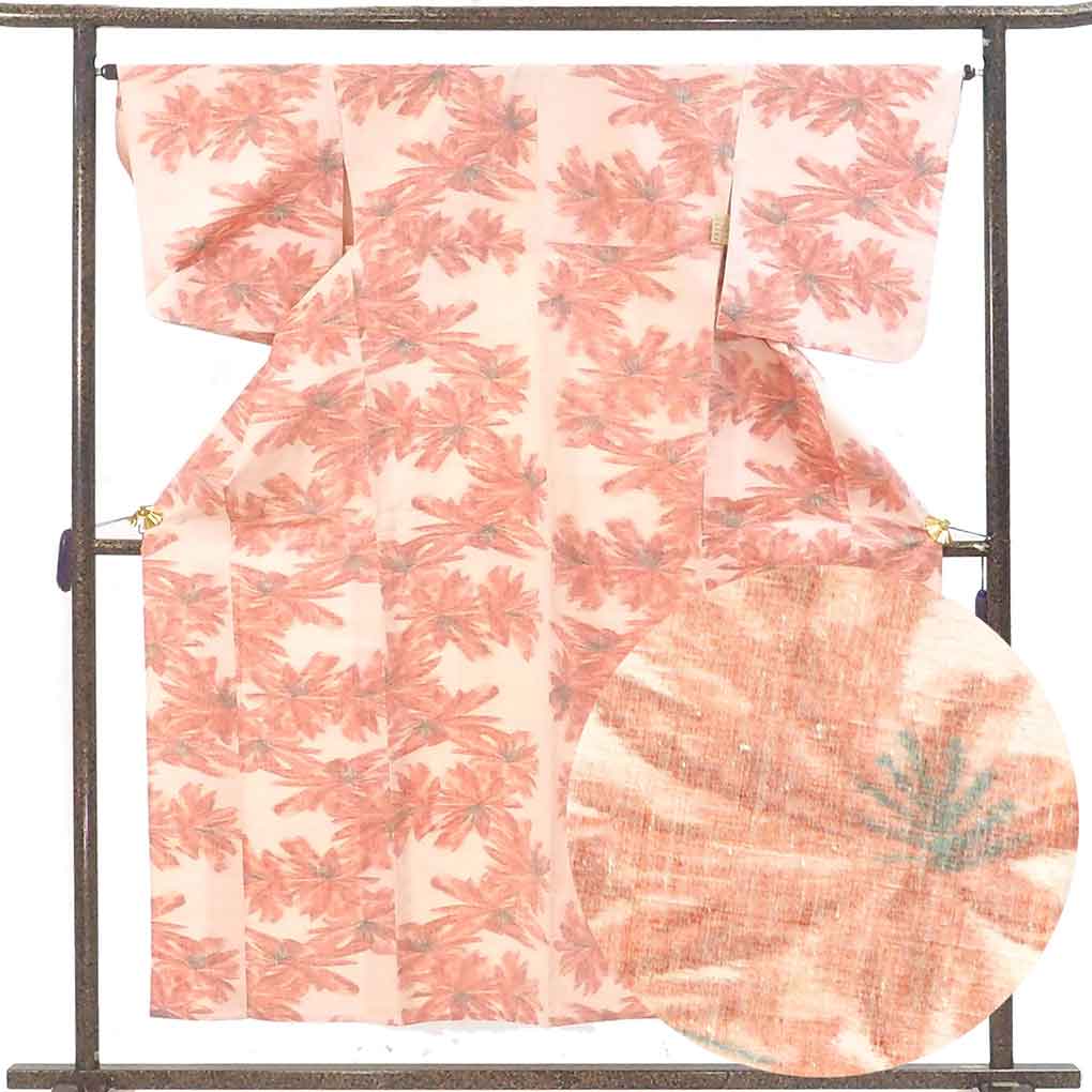 紬 リサイクル着物 身丈156cm 裄64.4cm 前幅24cm 後幅30cm 袖丈48.5cm 袖幅32cm レディース 単衣 花柄 初夏・初秋用 正絹（シルク）ピンク 美品 リメイク リユース【ランクA】