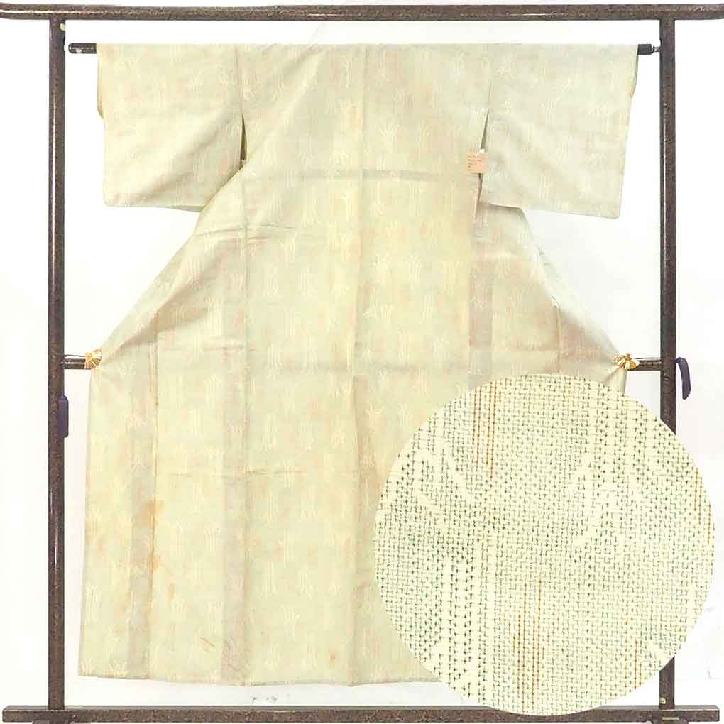 紬 リサイクル着物 身丈156cm 裄62cm 前幅23cm 後幅29cm 袖丈43cm 袖幅32cm レディース 単衣 絣模様 裄Sサイズ 初夏・初秋用 正絹（シルク）イエロー 難有り リメイク リユース【ランクC】