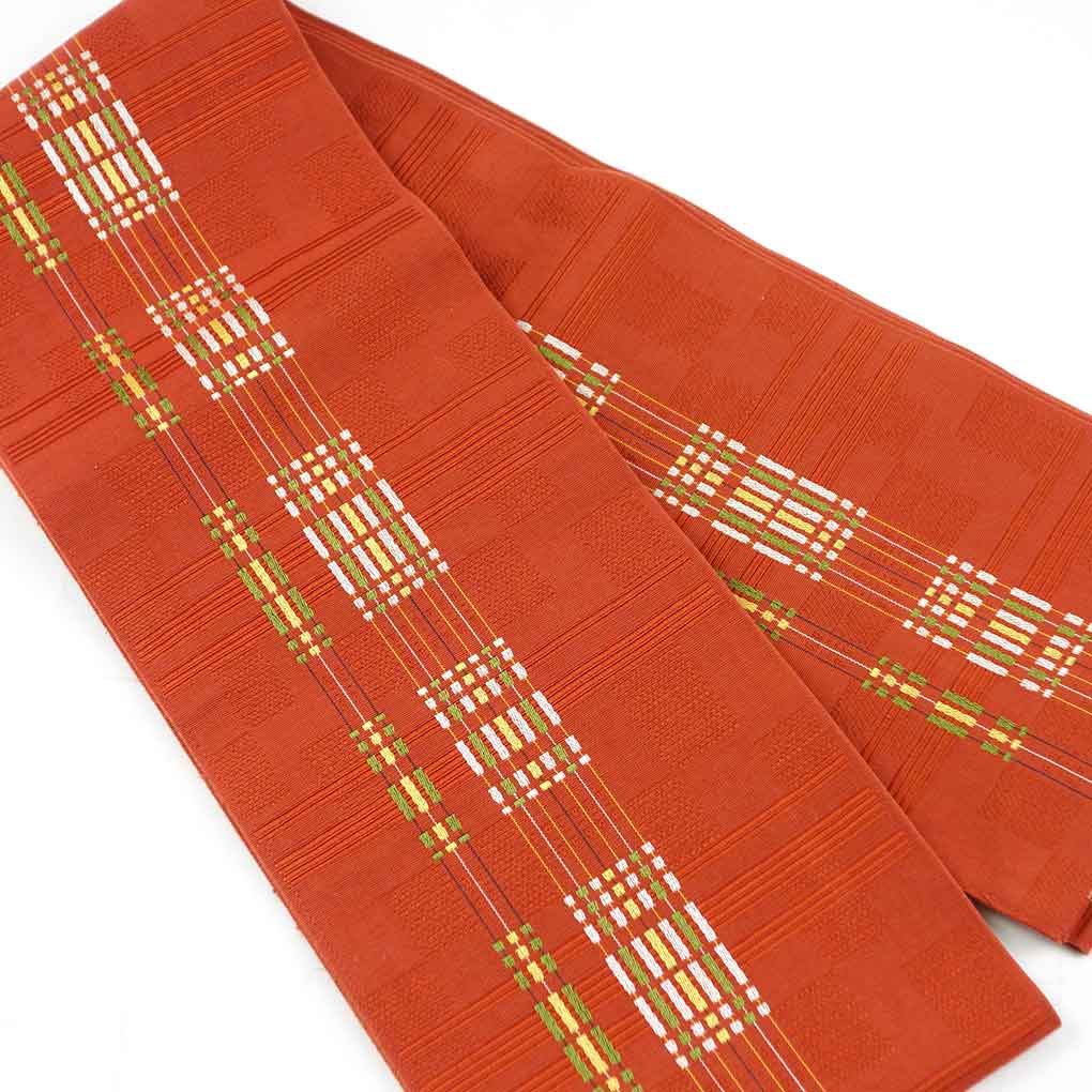 半幅帯 リサイクル帯 幅15cm 長さ345cm レディース 連続模様 年中着用可 ポリエステル レッド 美品 リメイク リユース【ランクA】