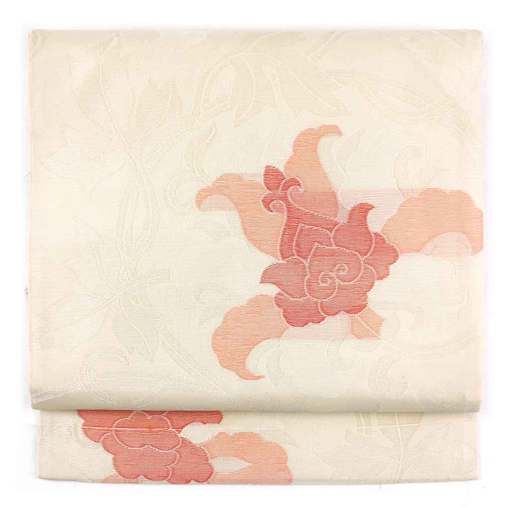 名古屋帯 リサイクル帯 幅32cm 長さ360cm レディース 花柄 夏用 正絹（シルク）ホワイト 美品 リメイク リユース【ランクA】