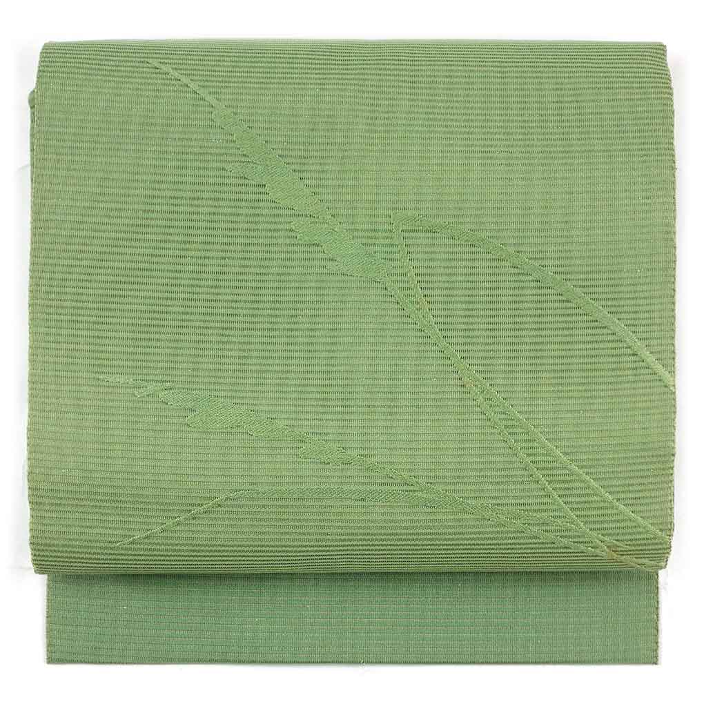 名古屋帯 リサイクル帯 幅30cm 長さ348cm レディース 植物 夏用 正絹（シルク）グリーン やや難 リメイク リユース【ランクB】