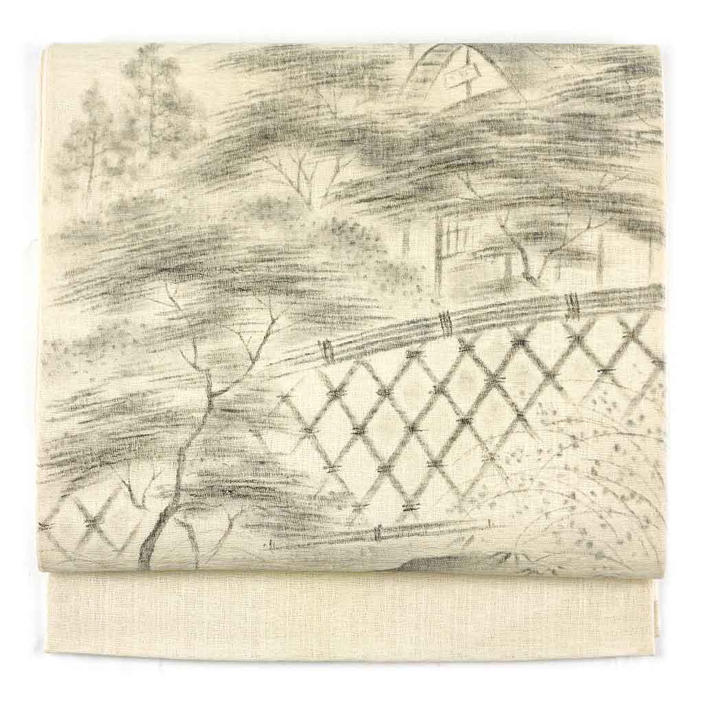 袋帯 リサイクル帯 幅30cm 長さ422cm レディース 風景画 夏用 正絹（シルク）ホワイト 未使用品 リメイク リユース【ランクS】