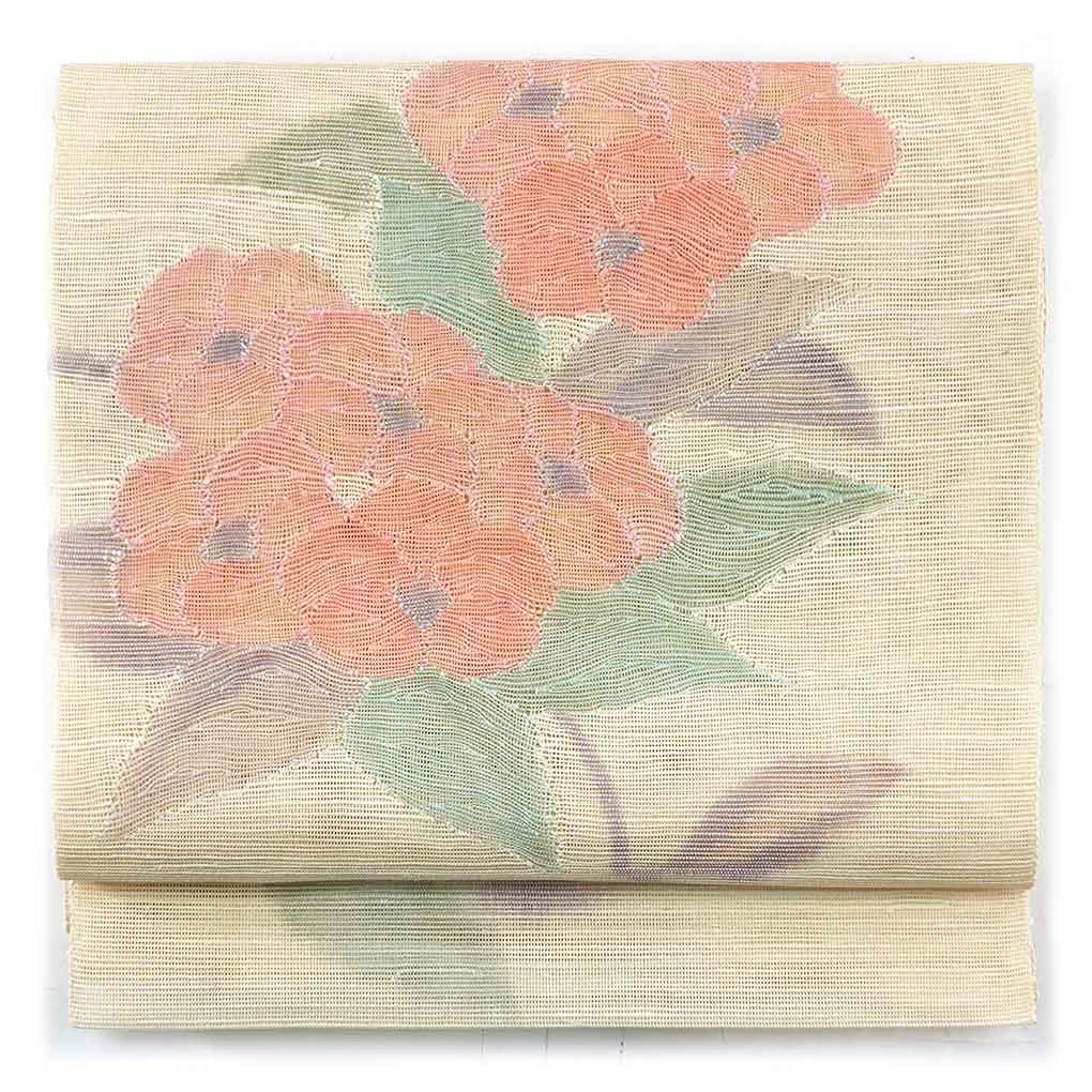 名古屋帯 リサイクル帯 幅30cm 長さ366cm レディース 花柄 夏用 正絹（シルク）ホワイト やや難 リメイク リユース【ランクB】