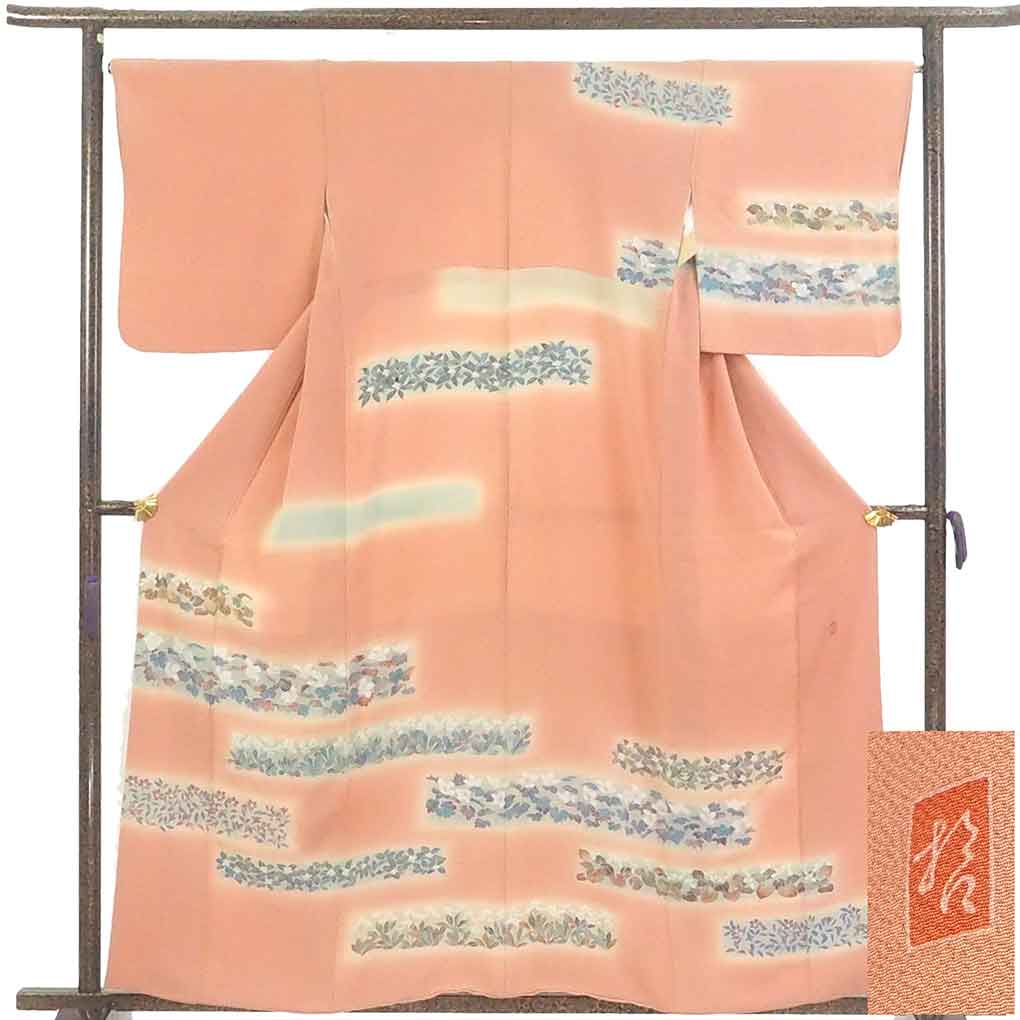 訪問着 リサイクル着物 身丈160cm 裄68cm 前幅23.5cm 後幅29cm 袖丈50cm 袖幅35cm レディース 袷 花柄 裄長 裄Lサイズ 秋冬春用 正絹（シルク）オレンジ やや難 加賀友禅 田村哲彦 リメイク リユース【ランクB】