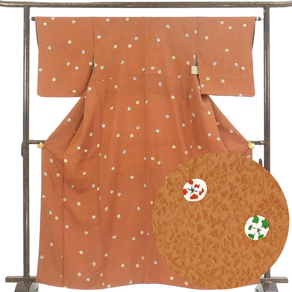 小紋 リサイクル着物 身丈163cm 裄65cm 前幅24cm 後幅31cm 袖丈49cm 袖幅33cm レディース 袷 花柄 裄Mサイズ 秋冬春用 正絹（シルク）ブラウン 美品 リメイク リユース【ランクA】