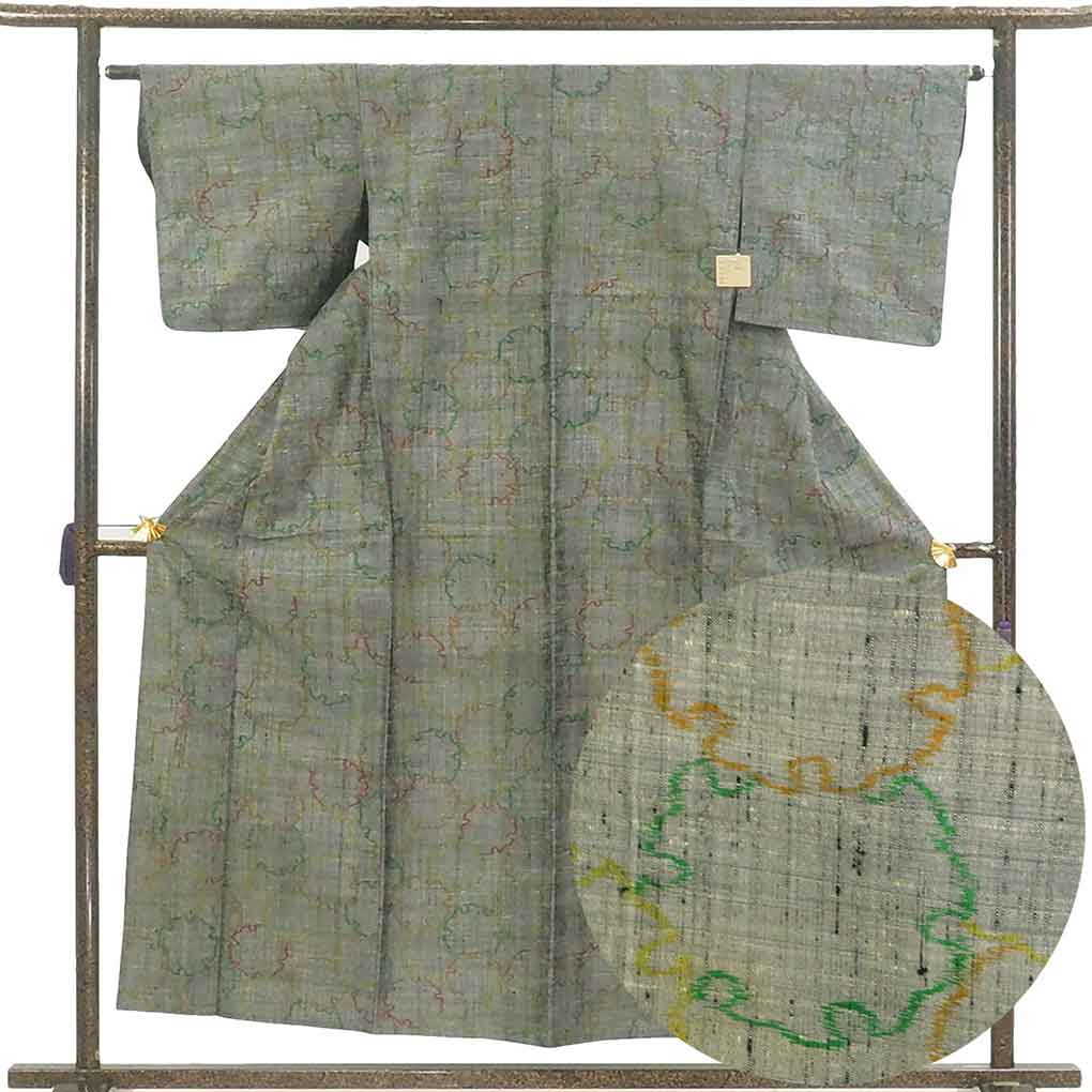 紬 リサイクル着物 身丈155cm 裄63cm 前幅25cm 後幅30cm 袖丈45cm 袖幅32.5cm レディース 単衣 雪輪 裄Mサイズ 初夏・初秋用 正絹（シルク）グレー 美品 リメイク リユース【ランクA】