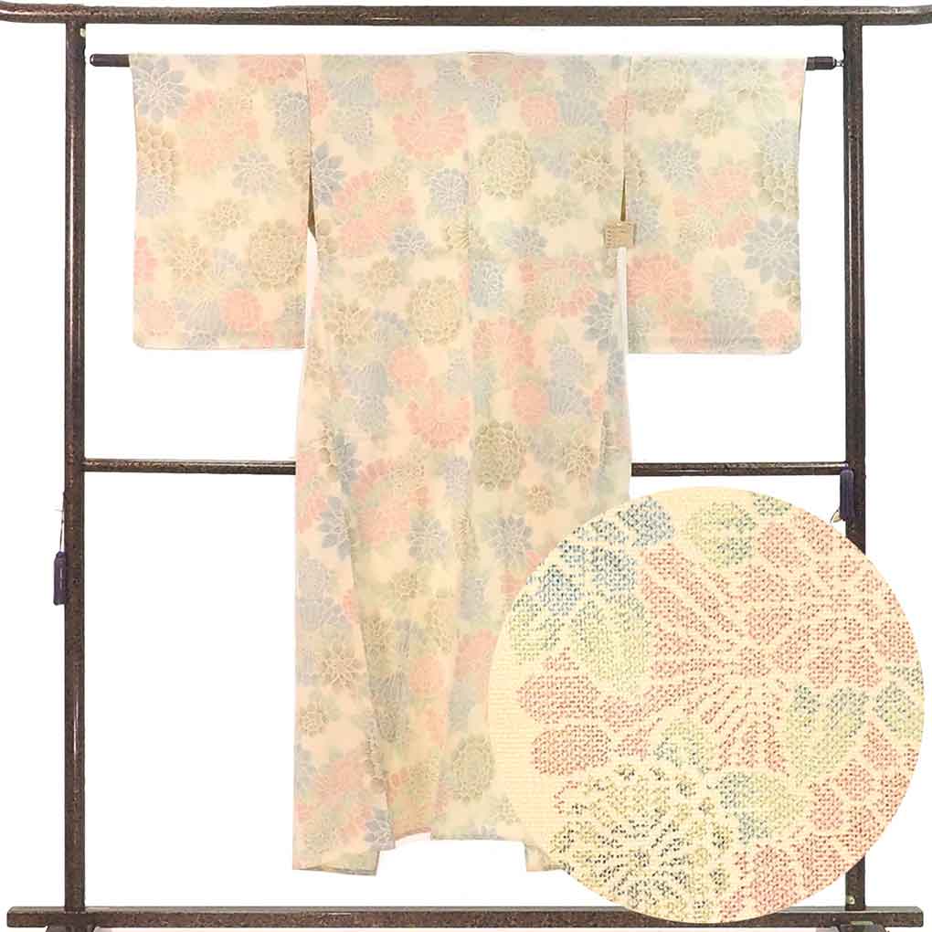 紬 リサイクル着物 身丈145cm 裄61cm 前幅23cm 後幅29cm 袖丈55cm 袖幅31cm レディース 単衣 花柄 裄Sサイズ 初夏・初秋用 正絹（シルク）ホワイト 美品 リメイク リユース【ランクA】