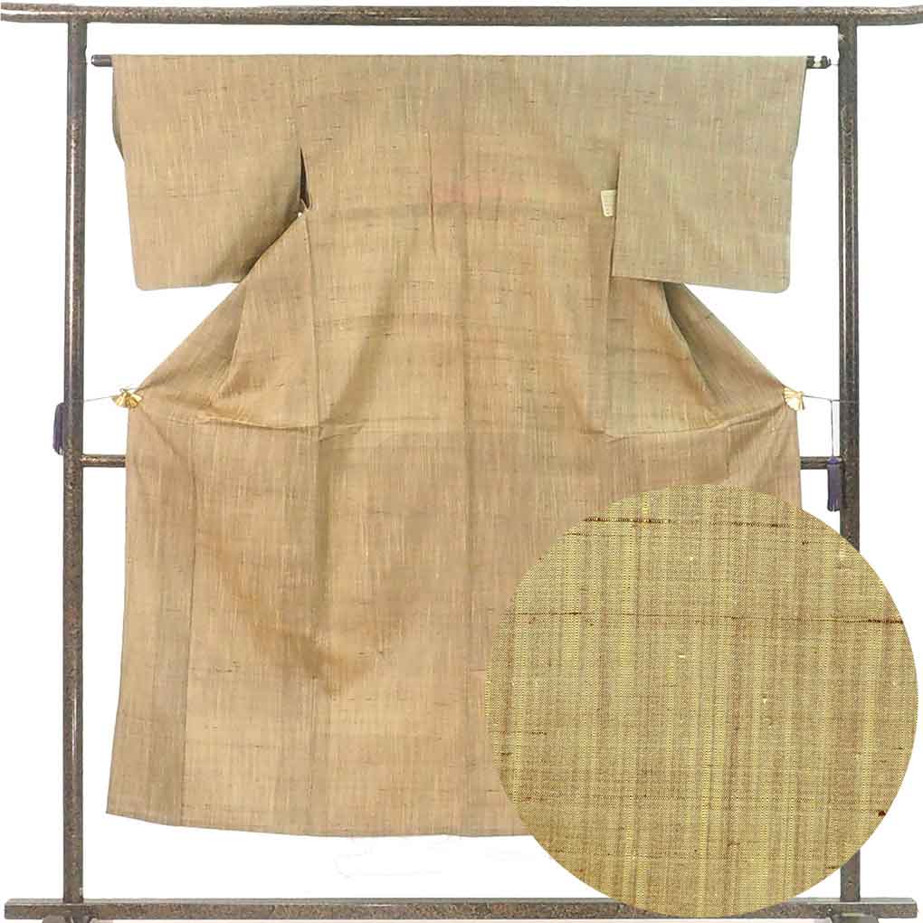 紬 リサイクル着物 身丈150cm 裄63cm 前幅23cm 後幅29cm 袖丈46cm 袖幅32cm レディース 単衣 無地 裄Mサイズ 初夏・初秋用 正絹（シルク）ブラウン やや難 リメイク リユース【ランクB】