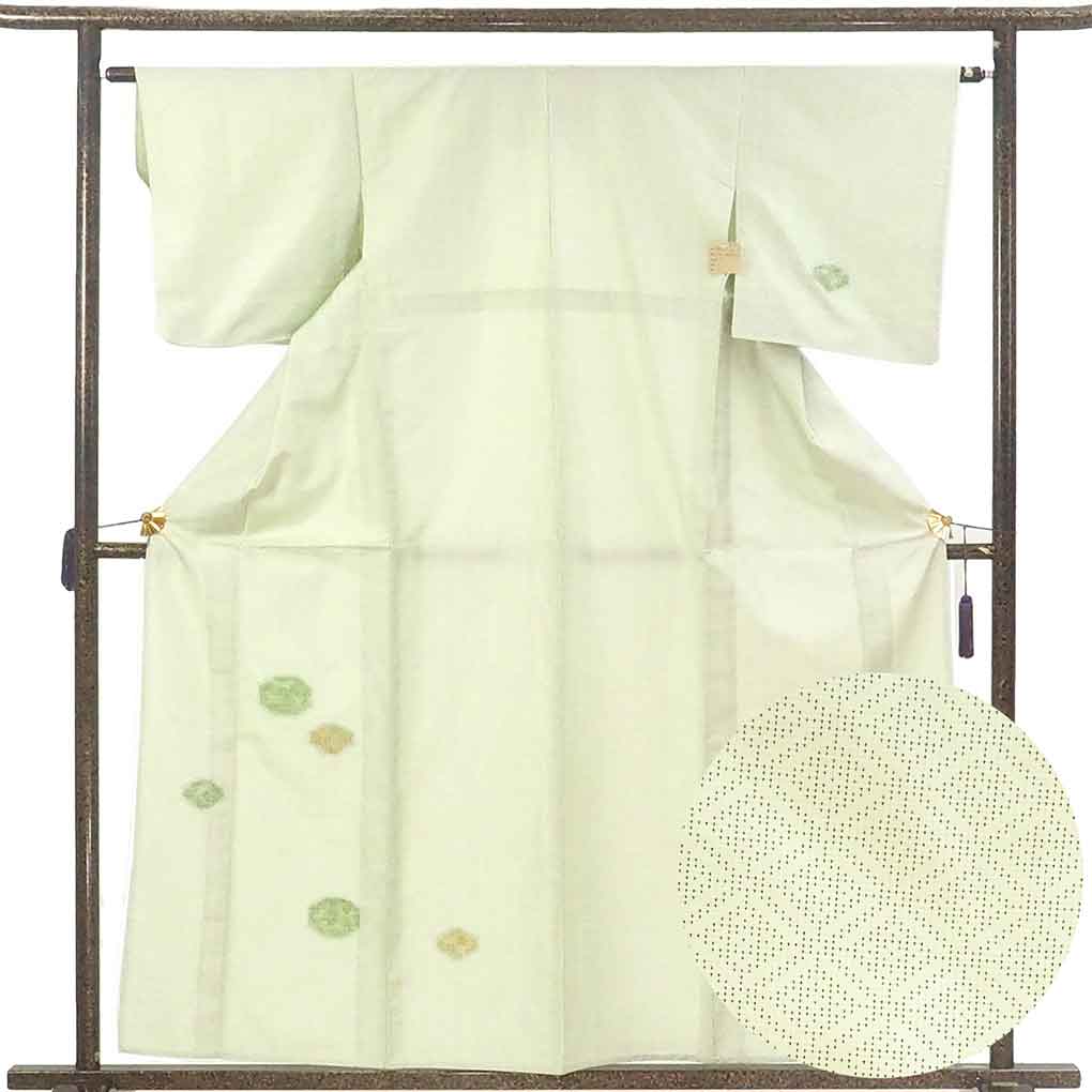 付下 リサイクル着物 身丈160cm 裄63cm 前幅26cm 後幅30cm 袖丈47cm 袖幅32.5cm レディース 単衣 絣模様 裄Mサイズ 初夏・初秋用 正絹（シルク）グリーン やや難 リメイク リユース【ランクB】