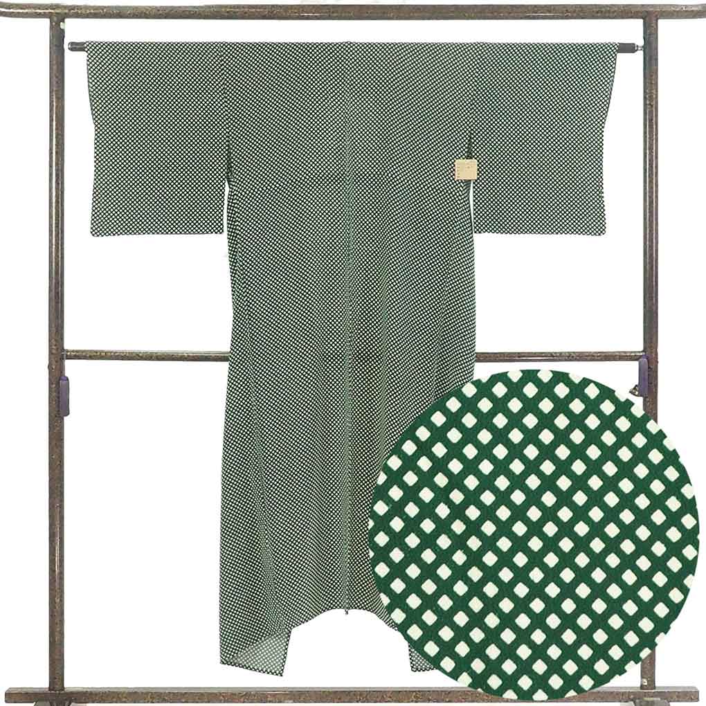 小紋 リサイクル着物 身丈143cm 裄65cm 前幅25cm 後幅30cm 袖丈48cm 袖幅32cm レディース 単衣 菱形 裄Mサイズ 初夏・初秋用 正絹（シルク）グリーン 美品 リメイク リユース【ランクA】